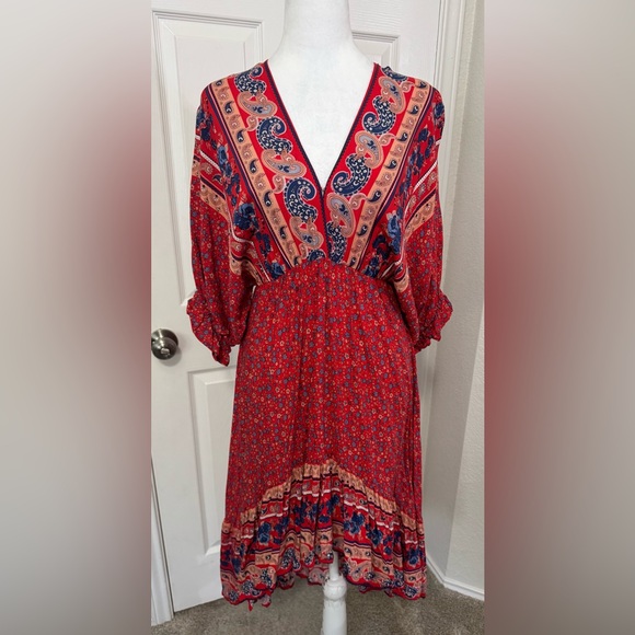 Umgee Dresses & Skirts - Umgee Red Boho Peasant High Low Back Tie Midi Dress Women's Size S